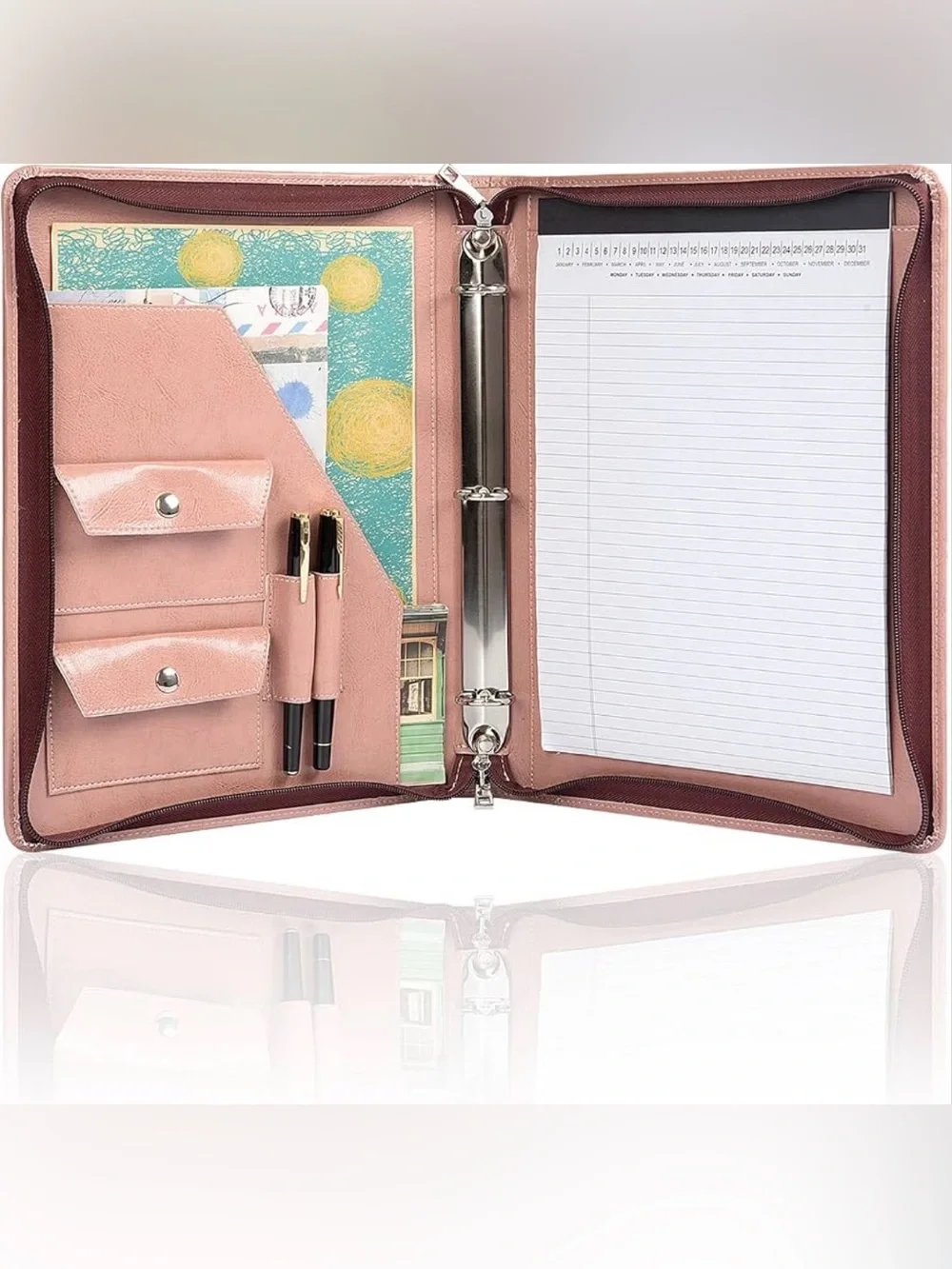 Pink 3 ring binder padfolio, vegan leather portfolio, leather document folder